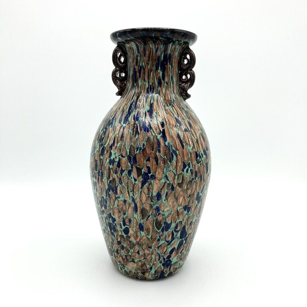 Vintage Murano Art Glass Vase Aventurine Teal Gold Fleck Mid Century Art Nouveau